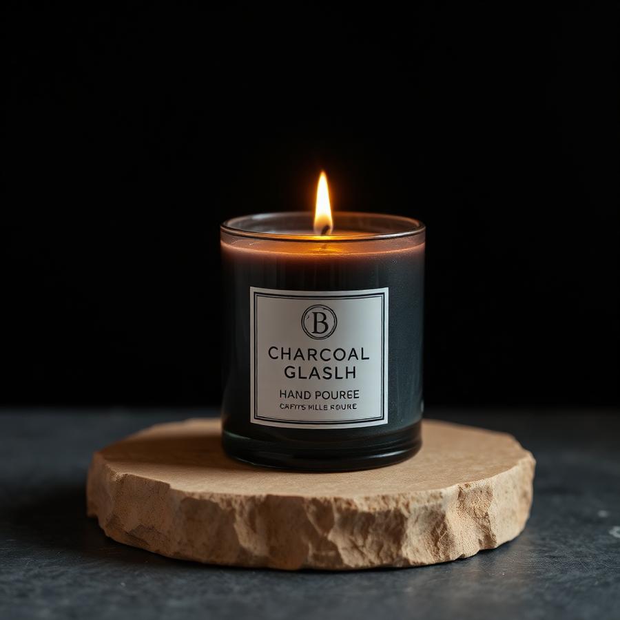 A charcoal pillar candle burning on a stone base in the SL Forge workshop