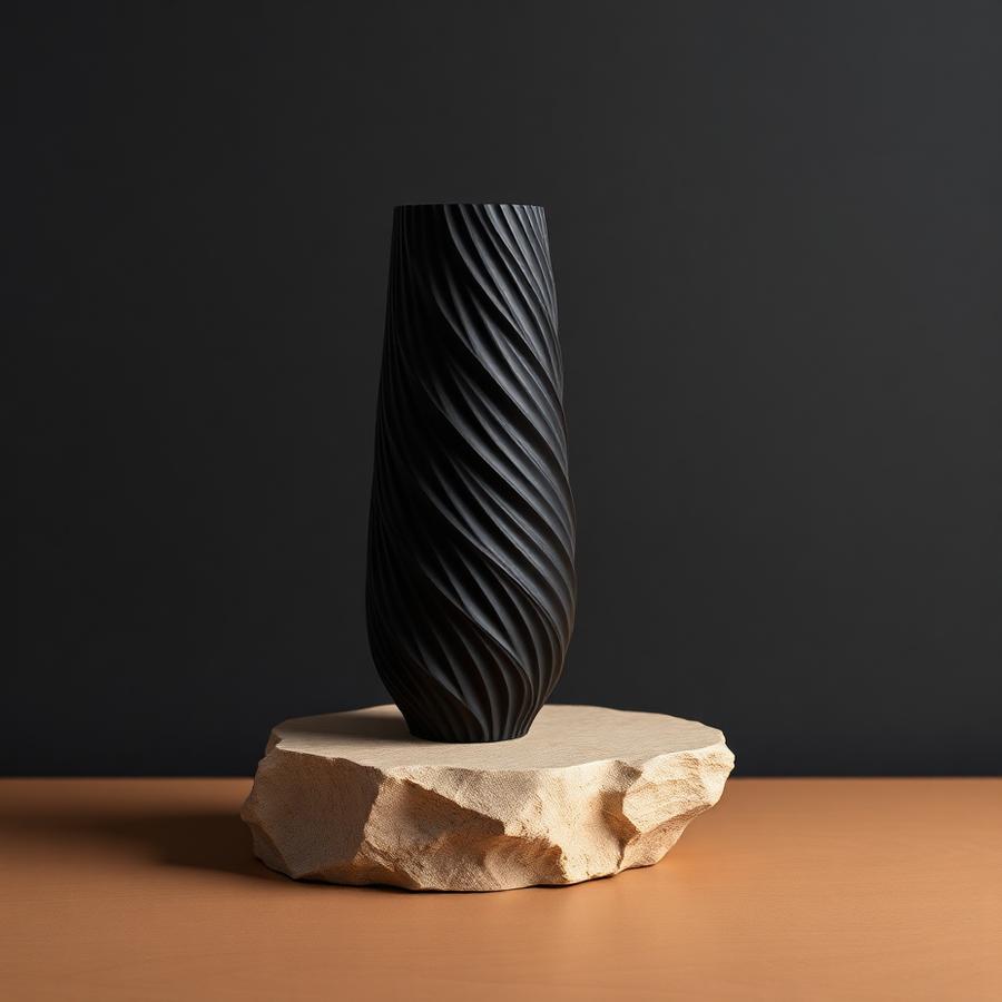 Matte black 3D printed spiral vase on a stone plinth